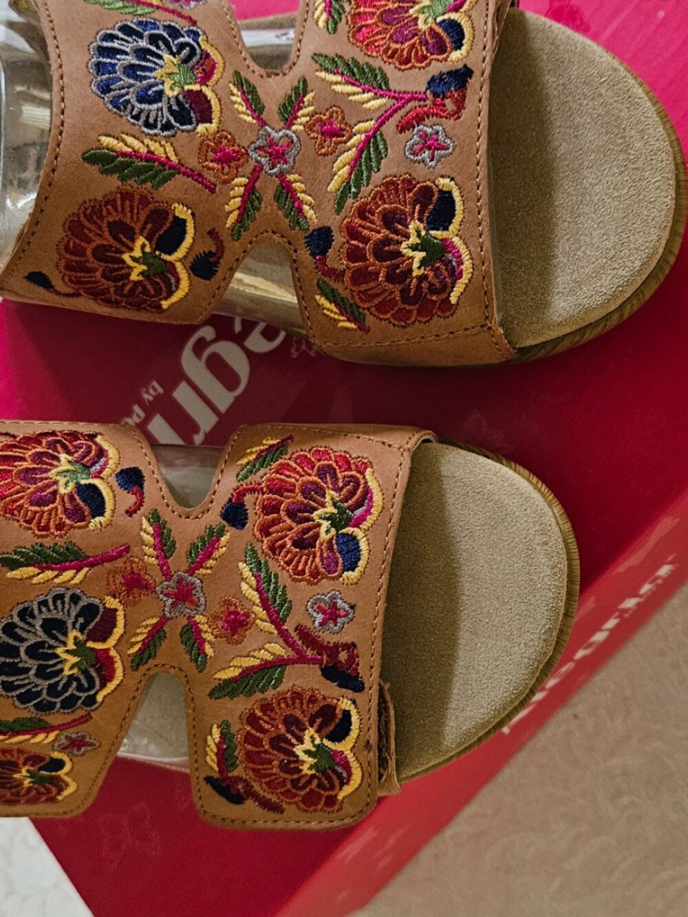 Alegria Embroidered Leather Wedge Slip-On Sandals Cognac Women's SZ 5/5.5 EU 36